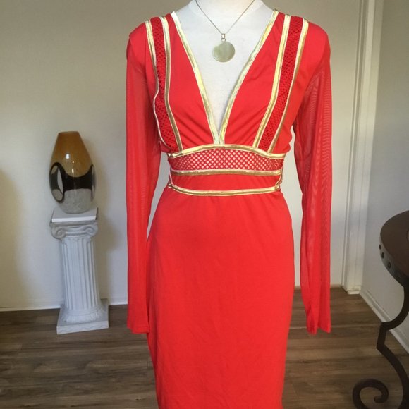 CBR Pencil Short Dress Mesh Long Sleeve Gold Trim V-Neck Bodycon Party Red XL - Picture 5 of 10